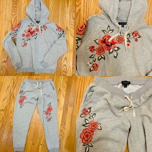 topshop gray floral embroidered sweatsuit